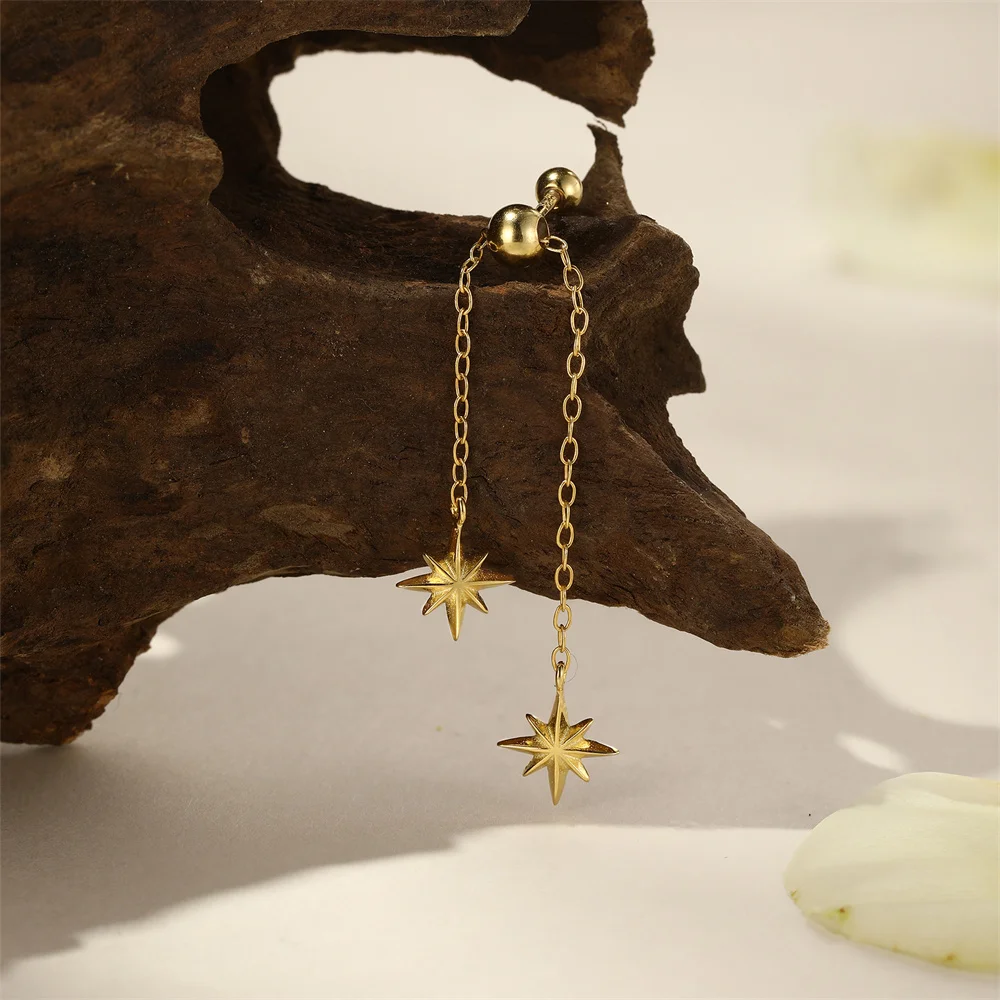 CANNER 1PC Adjustable Eight Pointed Star Long Tassel Chain Earring For Women Ins Four Zircon Flowers Pendientes Plata De Ley 925