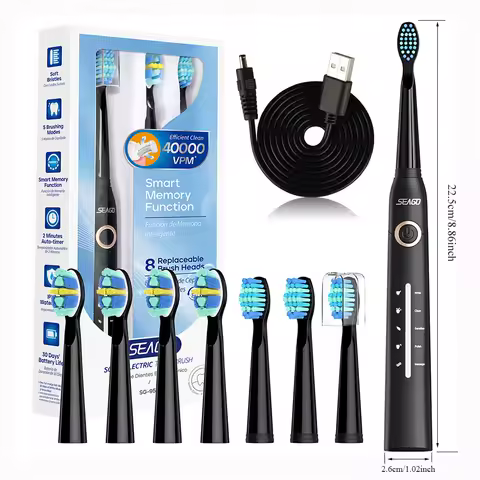 Seago Fast Rechargeable Sonic Toothbrush Electric Smart Automatic with 8 Replacement Brush Heads Adult Waterproof 5 Modes SG-958