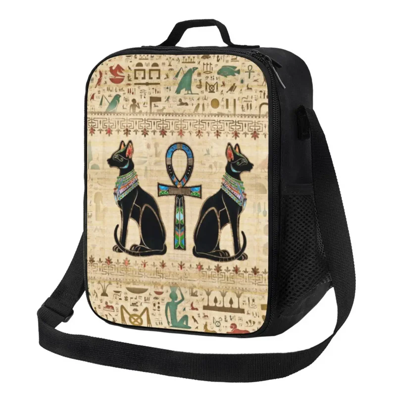 

Egyptian Cats And Ankh Cross Insulated Lunch Bag for Women Ancient Egypt Thermal Cooler Lunch Tote Office Work School