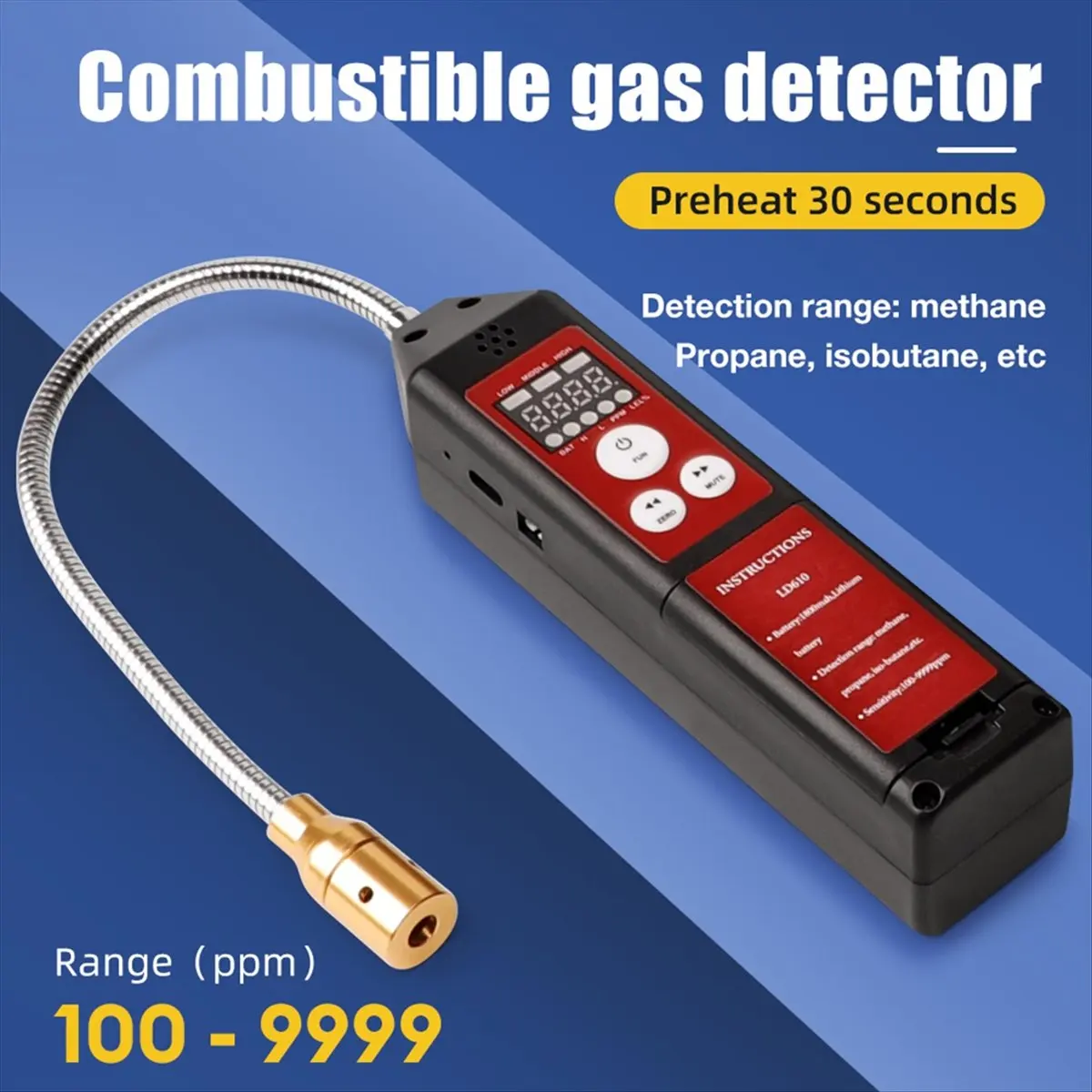 

LD610 Детектор утечки горючего газа Звуковая сигнализация Горючий метан C4H10 H2 Тестер утечки газа 100-9999ppm Тестер газа