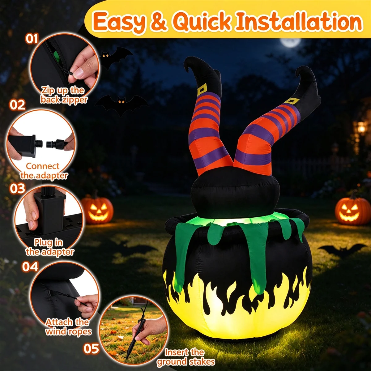 6FT Halloween Inflatable Animated Kicking Witch, LED Light Up Flaming Cauldron, Weather Resistant Polyester with Fixing Kit for Yard Lawn Decor
