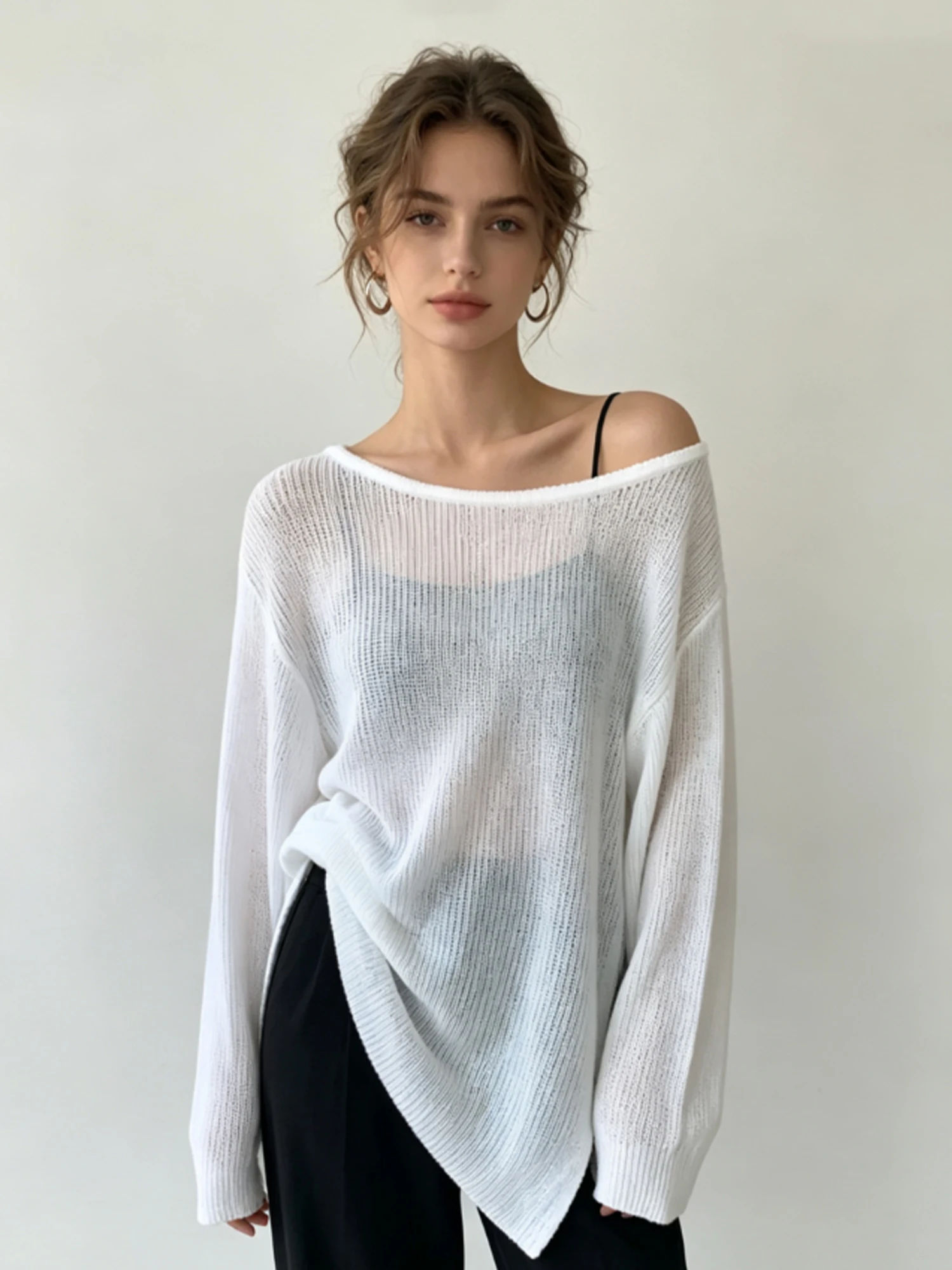 

Women's White Pullover Sweater Long Sleeve Off Shoulder Sweater Korean Fashion Loose Knitwear Knit Top for Women Spring Autumn