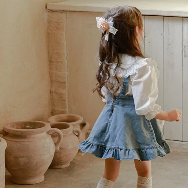 Girls Skirt 2023 Spring and Summer New Fashionable Korean Style Ruffled Suspenders Casual Simple New Fashionable Denim Skirt