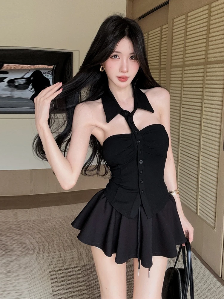 Black Fashion Sexy Girl Style Sleeveless Collared Hanging Neck Single Button Backless Tube Top Skirt Set Sexy Slim Fit Summer...