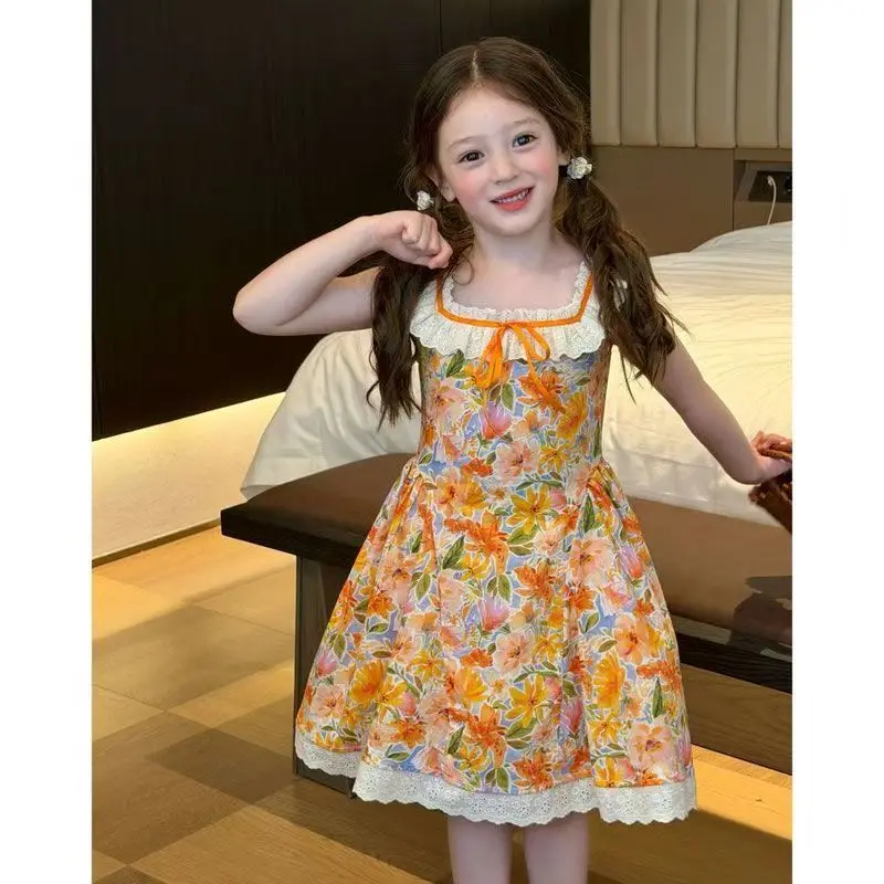 Summer New Casual Vacation Style Square Collar Lace Bow Flower Print Sleeveless Princess Dress Korean Version