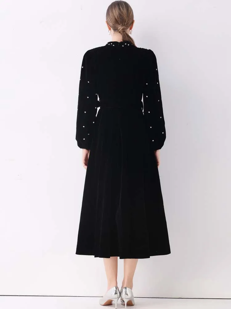 فستان فاخر عتيق مطرز بالخرز من المخمل للنساء موضة خريف وشتاء بأكمام طويلة فساتين قميص طويلة واحدة الصدر INKEO 5D257 #2