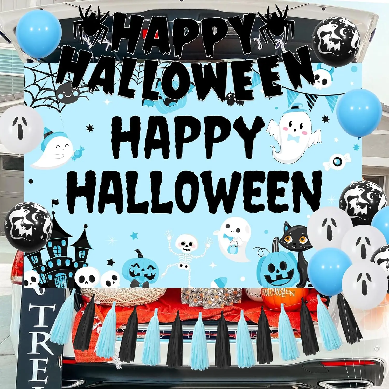 

Funmemoir Blue Black Halloween Trunk or Treat Car Banner, Bat Ghost Balloons, Paper Door Haunted House Car Party Supplies