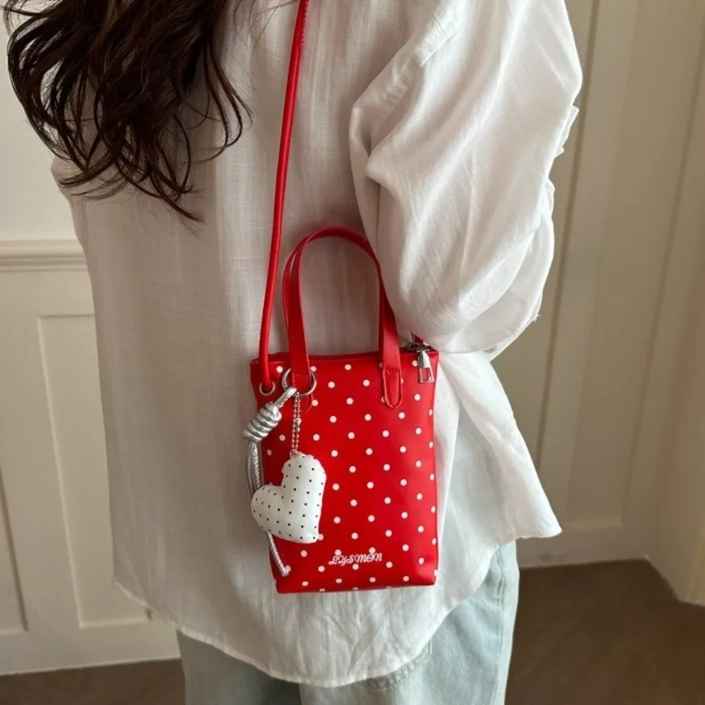 Casual Y2K Mini Phone Bag Polka Dot Heart Pendant Small Square Bag PU Leather Shoulder Bag - view 3