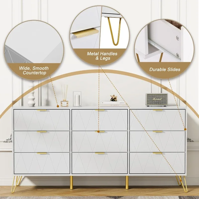 خزانة ذات 9 أدراج لغرفة النوم مع أدراج عميقة وخزائن خشبية وخزانة ذات أدراج بمقابض ذهبية وفستان طويل حديث #4