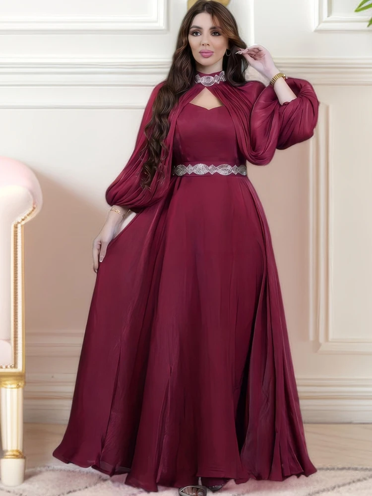 Morocco Chiffon Pleated Muslim Dress Women Ramadan Abaya Plus Lantern Sleeve Dresses Islamic Vestido Moroccan Kaftan Arabic 2024