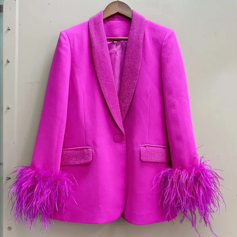 

2023 Autumn Winter New Blazer for Women Fashion Luxury Ostrich Feather Real Feather Diamond Notched Collar Suit Coat Y4353