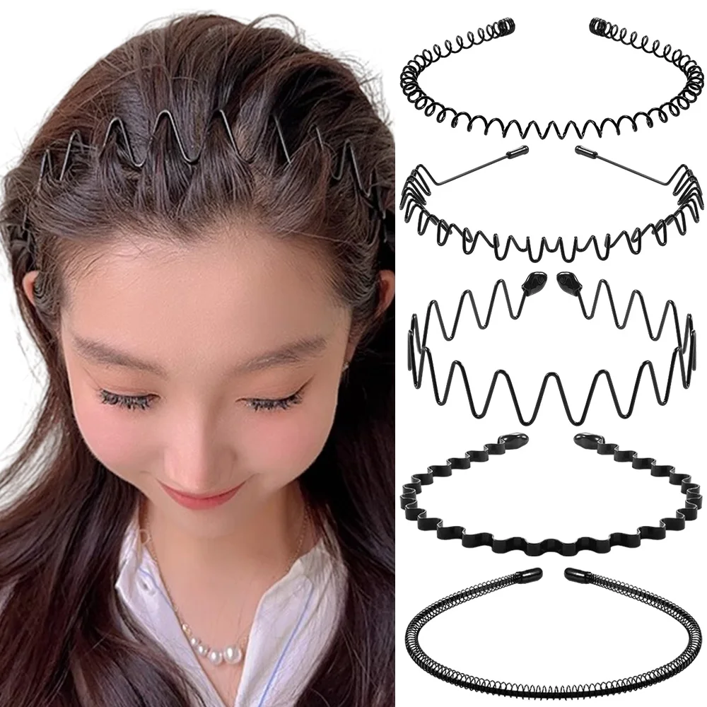 

1/5pcs Black Metal Wavy Spring Hair Hoop Unisex Non Slip Sports Headbands for Women Men Simple Hairband Face Washing Headdress