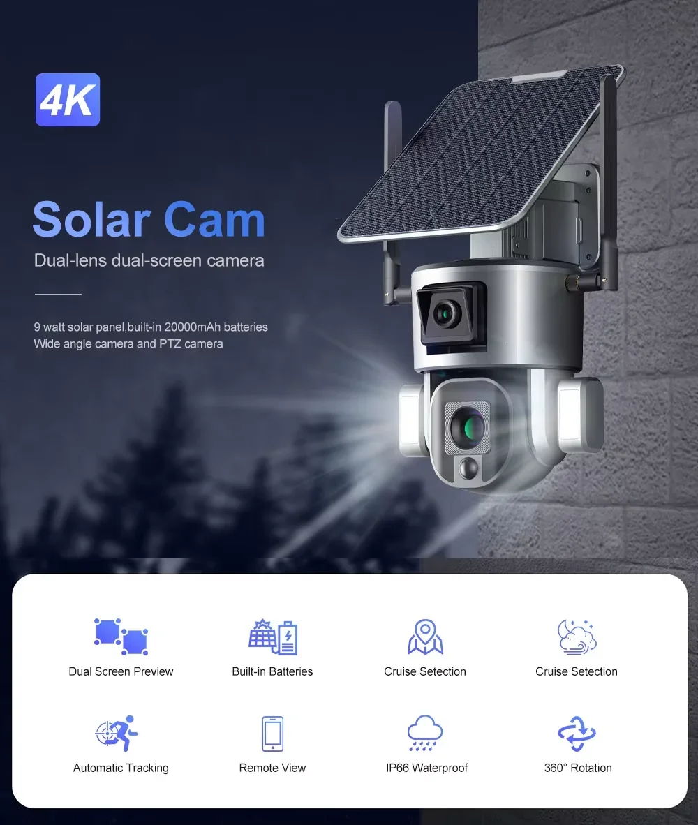 4K Wireless 4G Solar Camera 20X Zooming Dual Screen Wireless Outdoor 4K WiFi PTZ Human Auto Tracking Surveillance Cameras