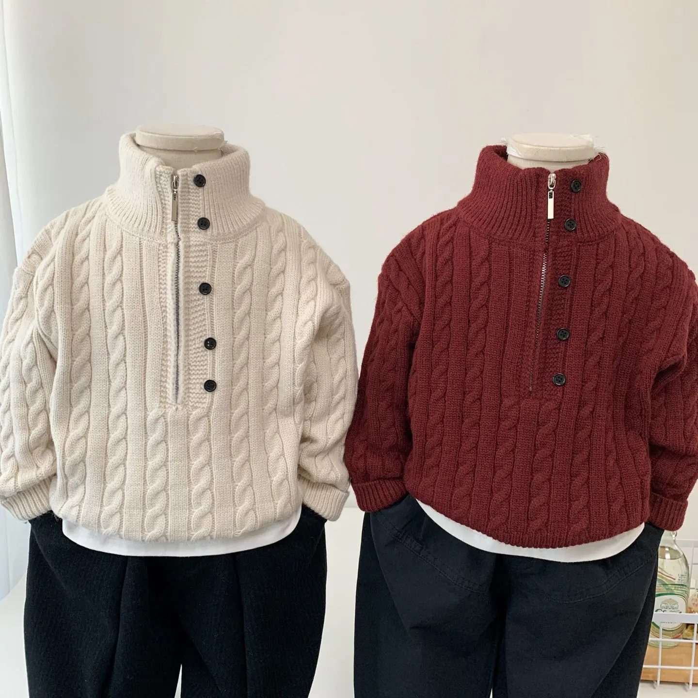 Boys Semi-High Collar Cable Knit Sweater 2026 Winter Warm Pullover Kids Fashion Base Layer Top