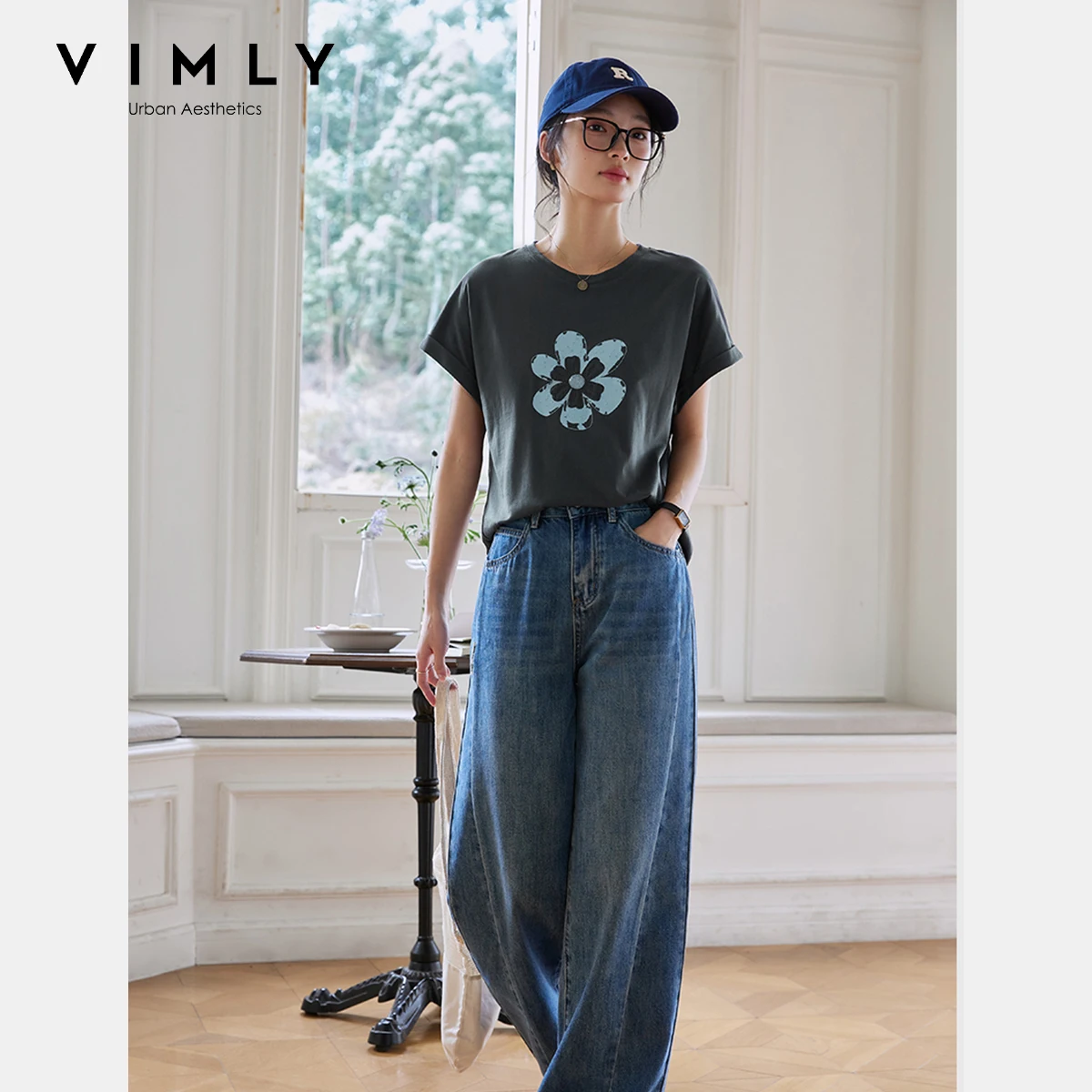

VIMLY Flower Grey T-shirt Elegant Women's Summer 2025 Casual Knitted Printing Beading Round Neck Woman Short Sleeve Tops A1102