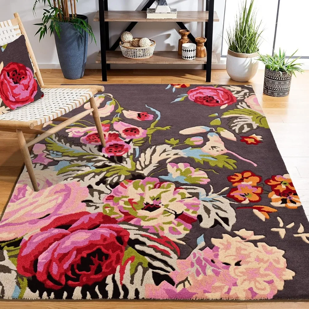 

Modern Rose Floral Wool Rug | Handmade Area Rug with Garden Colorful Flowers for Living Room Dining Room and Kitchen (Brown, 4x6