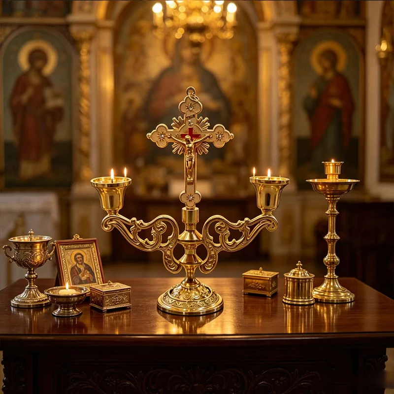 Orthodoxer Altar-Kerzenhalter aus Goldmetall, stehendes Kruzifix, Kerzenständer mit Kreuz für Kirche, Heimdekoration, religiöses christliches Geschenk – Detail 5