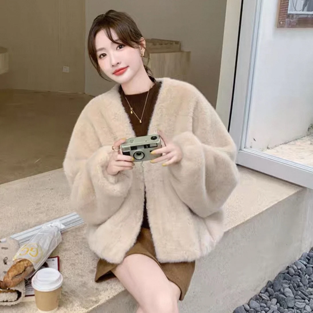 Women V-neck Short Coat Fake Mink Fur Mink Elegant Autumn Winter Coat