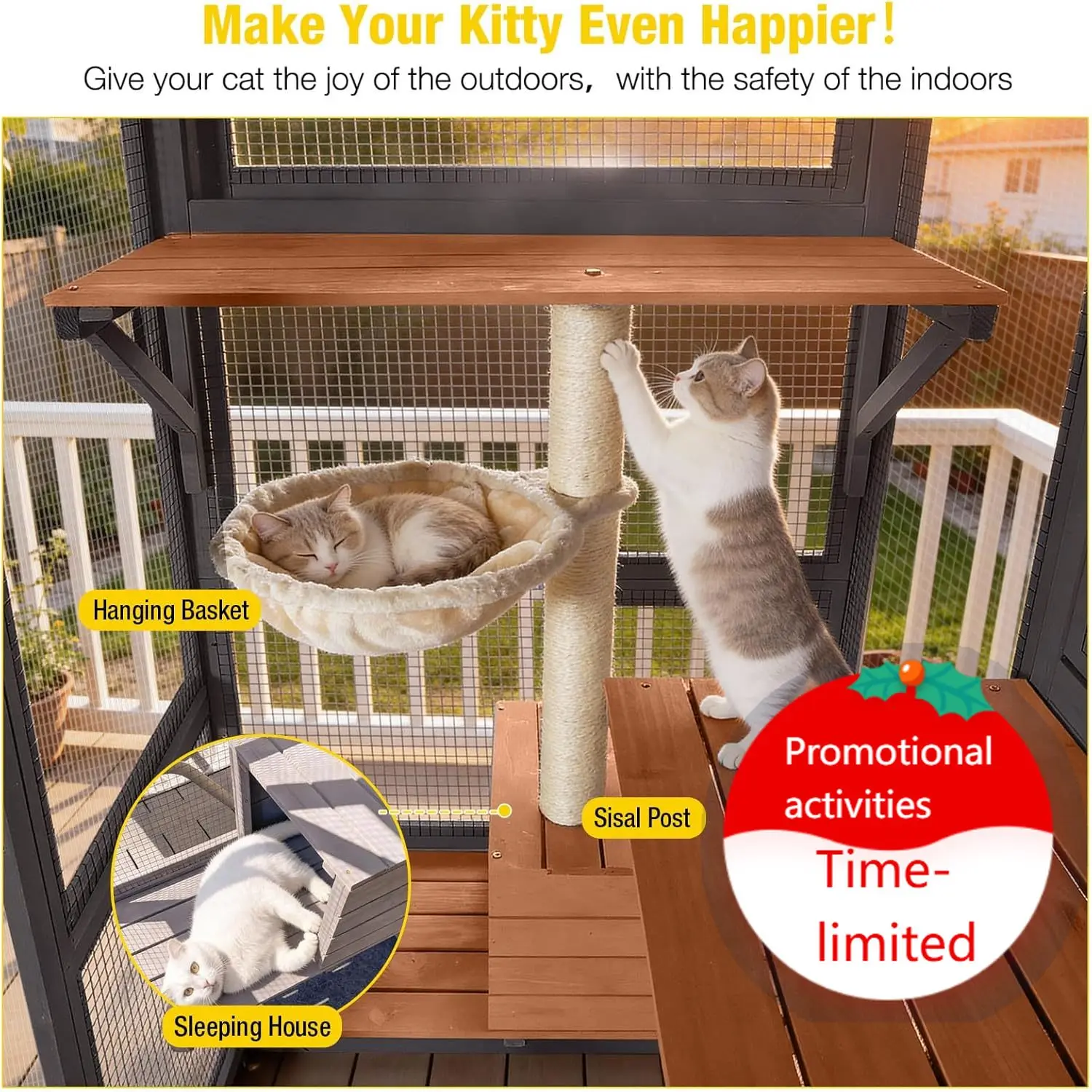 

Уличный вольер для кошек Catio с когтеточкой, гамаком, большим окном, домик для кошек на 2-6 кошек, просторная клетка для нескольких кошек с тентом