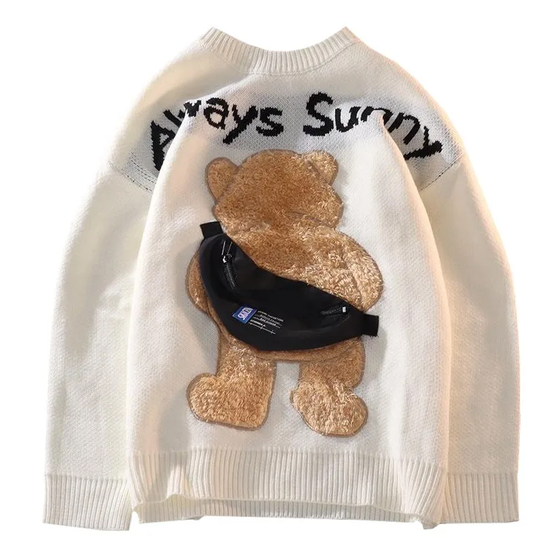 

Fashion Flocking Knapsack Tourist Bear Knitwear Letter Always Sunny Male Sweater Trend American Streetwear Autumn Men Pullover