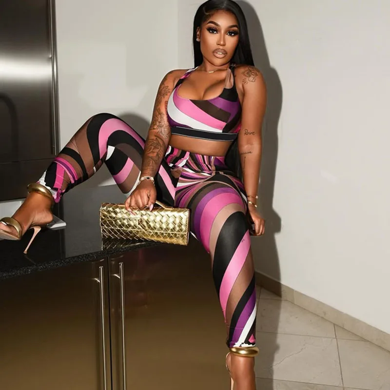 Doyerl Conjunto de 2 piezas a rayas para mujer, ropa para fiesta de Club, Top corto deportivo sin mangas y pantalones de tubo, conjuntos a juego, conjunto de trajes