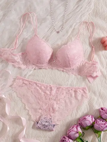 Women s sexxy Lingerie Set Lace Patchwork Solid Color Bowknot Rhinestone Embellished Push Up Double Shoulder Strap Unlined Comfortable Underwear Lace Semi Transparent Breathable Panties