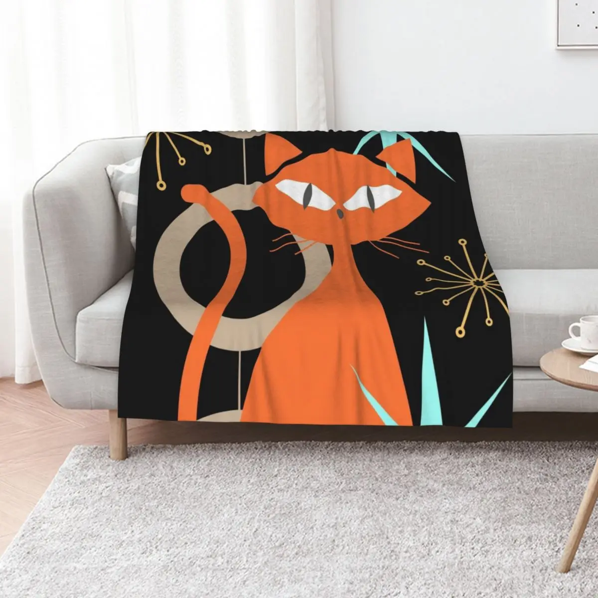 mid century modern, atomic cats, atomic cat, 1950a??s, kitty, popular cat design, atomic starbursts, starburst, di Throw Blanket