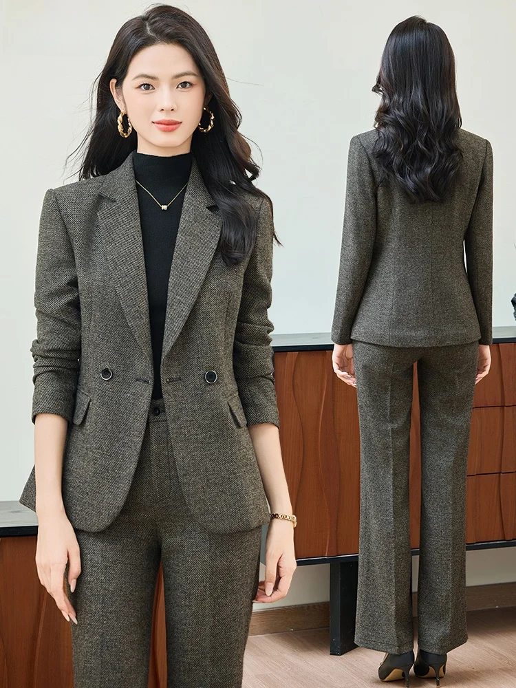 

ay Woolen Suit Set Women's Autumn Winter Slim Fit Profional Formal High End Feeling Personali Commute Sle Button ket
