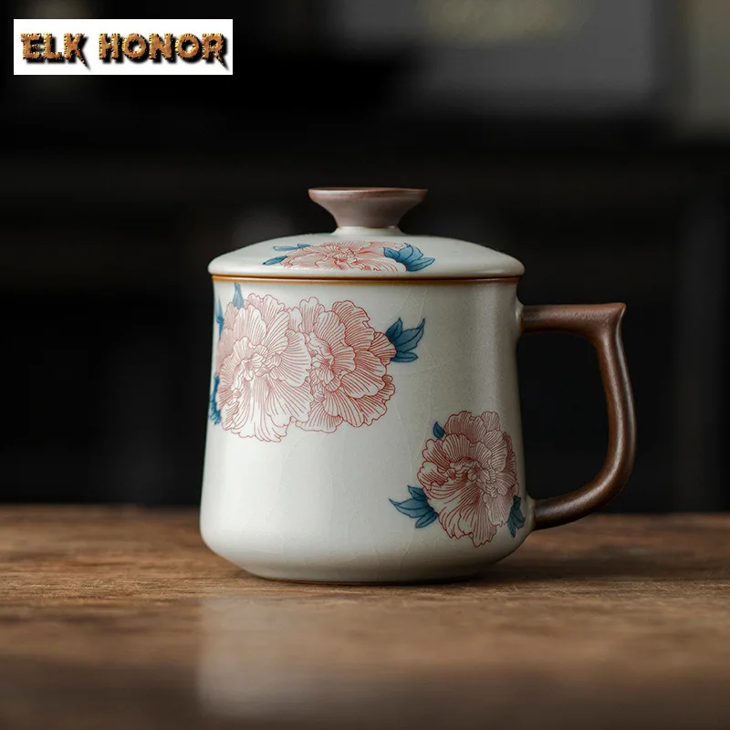 

330ML Ru Kiln Hibiscus Flower Mug Zen Coffee Cup Mug With Lid Tea Making Mug Personalized Office Work Mug Tea Services Ornaments