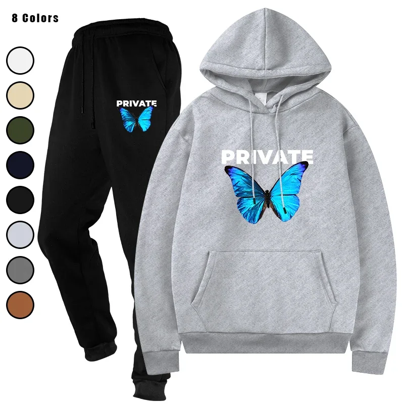 

Men Tracksuit 2 Pieces Sets Autumn Sportwear Male Hoodies Running Sportswear Drawstring Pants Hooded