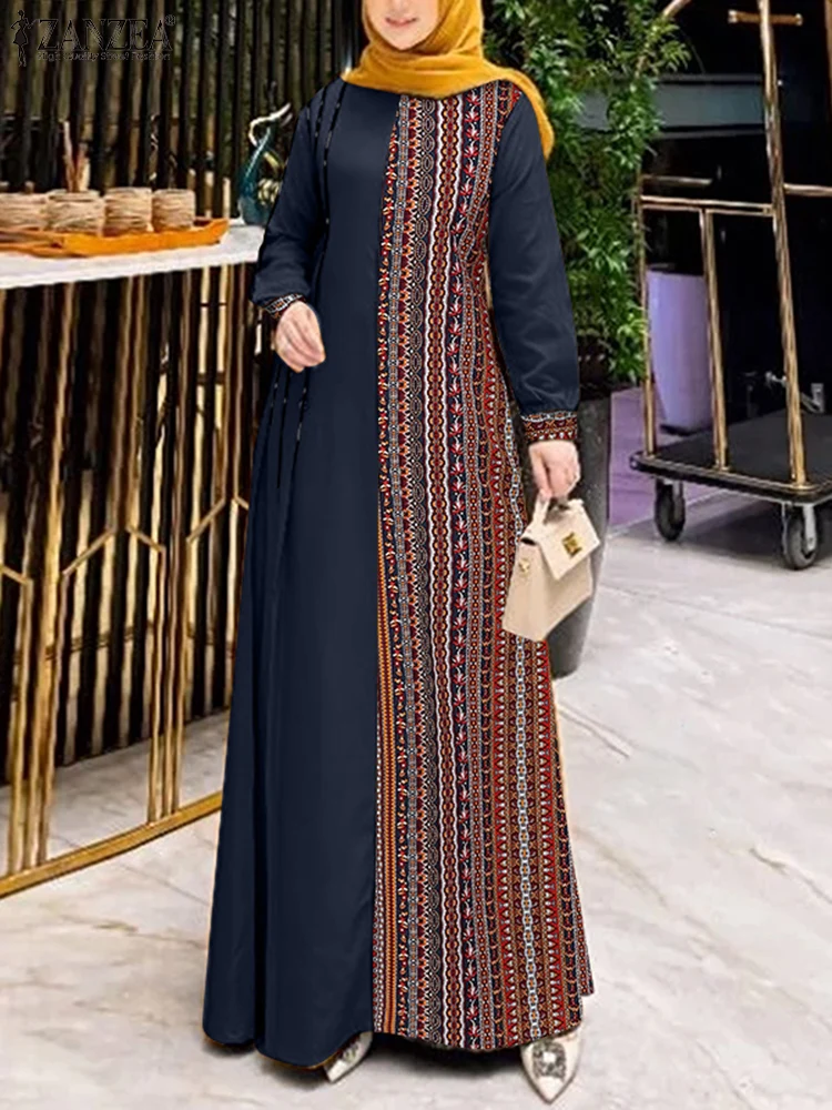 ZANZEA Autumn Patchwork Sundress Fashion Long Sleeve Printed Muslim Abaya Dress Women Maxi Dresses IsIamic Vestidos Robe Femme