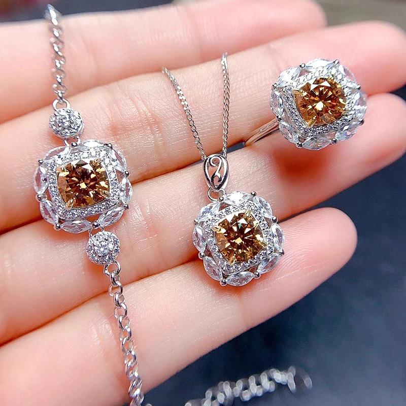 1 Carat Yellow Moissanite Flower Jewelry Set 925 Silver Ring Bracelet Pendant 3 Pieces Suits Wedding Jewelry for Women