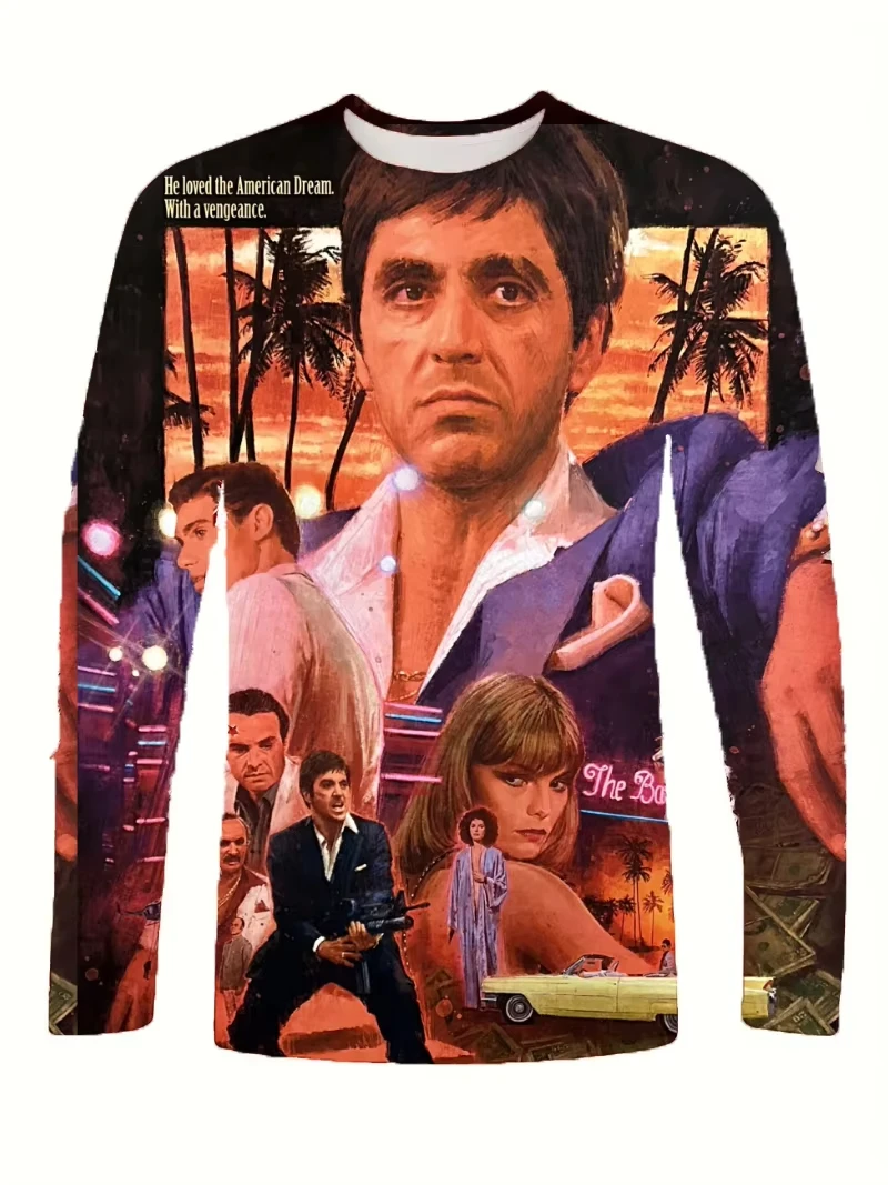 موضة جديدة قميص رجالي ثلاثية الأبعاد فيلم سكارفيس تي شيرت مطبوع طاقم مستدير كم طويل تي شيرت رياضة ملابس رياضية بلايز تيز الذكور الملابس