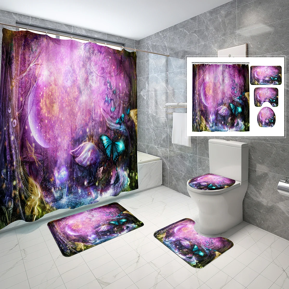 Magic Forest Shower Curtain Set Dream Colorful Plants 4 Pcs Shower Curtain Bathroom Non-Slip Bath Mat Toilet Cover Curtain Set