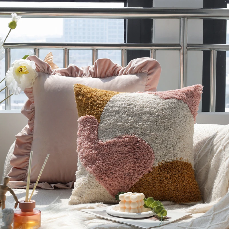 

Cushion Cover Bright Ins Home Decoration Versatile Girly Pink Ruffled Patchwork Tufted High Quality Pillow Cover for Indoor Sofa