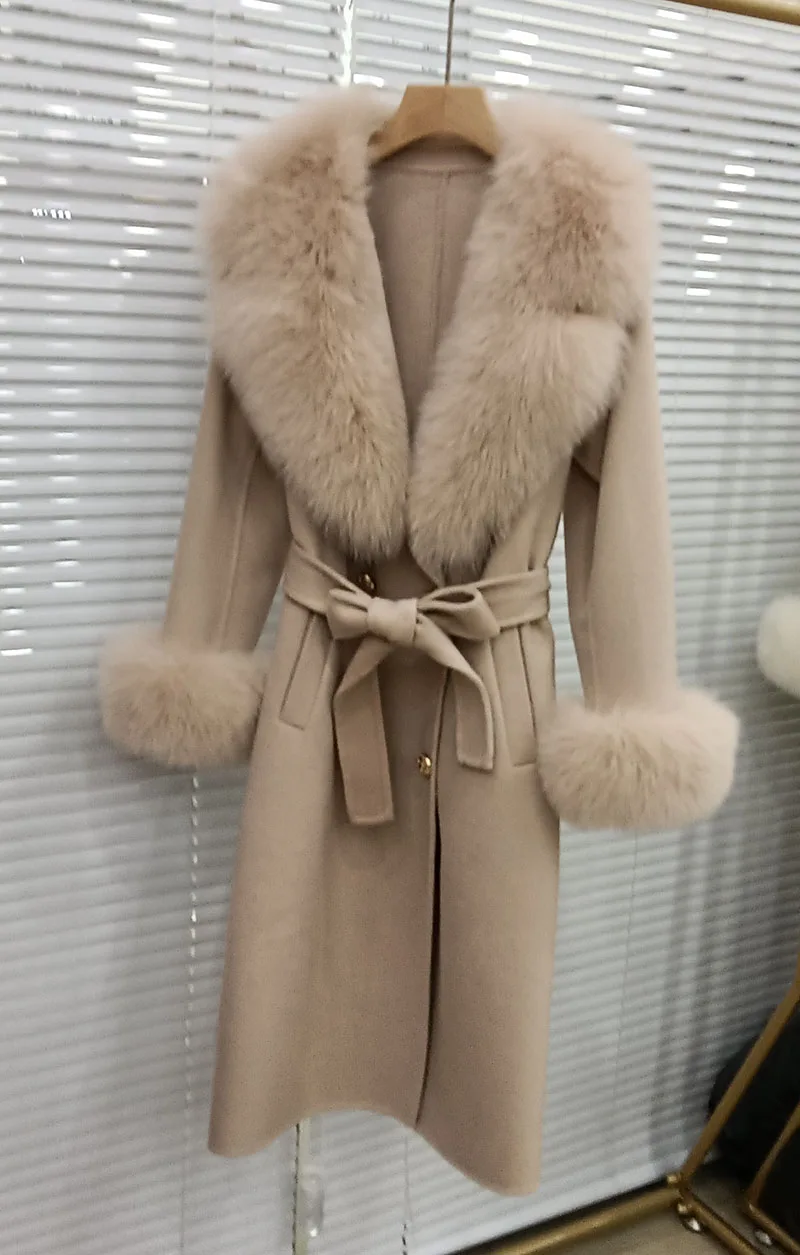NONE Long Women Coat Wool Cashmere Fox Fur 5