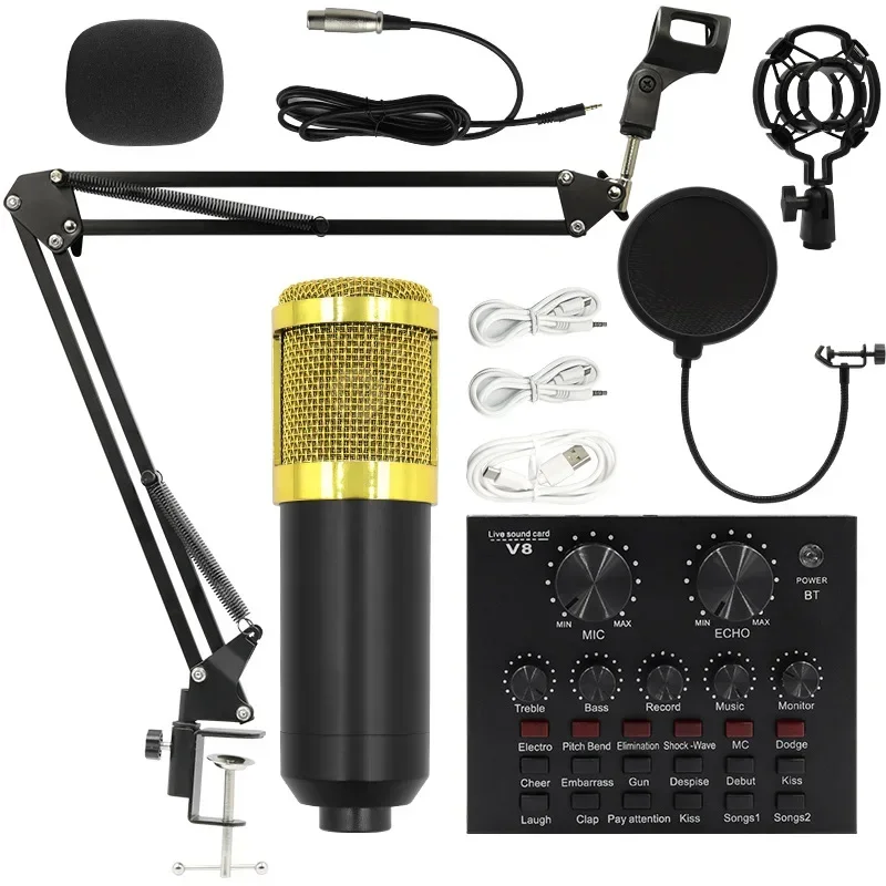 

Professional PC V8 Sound Card Set BM800 Mic Studio Condenser Microphone for Karaoke Podcast Recording Live Streaming