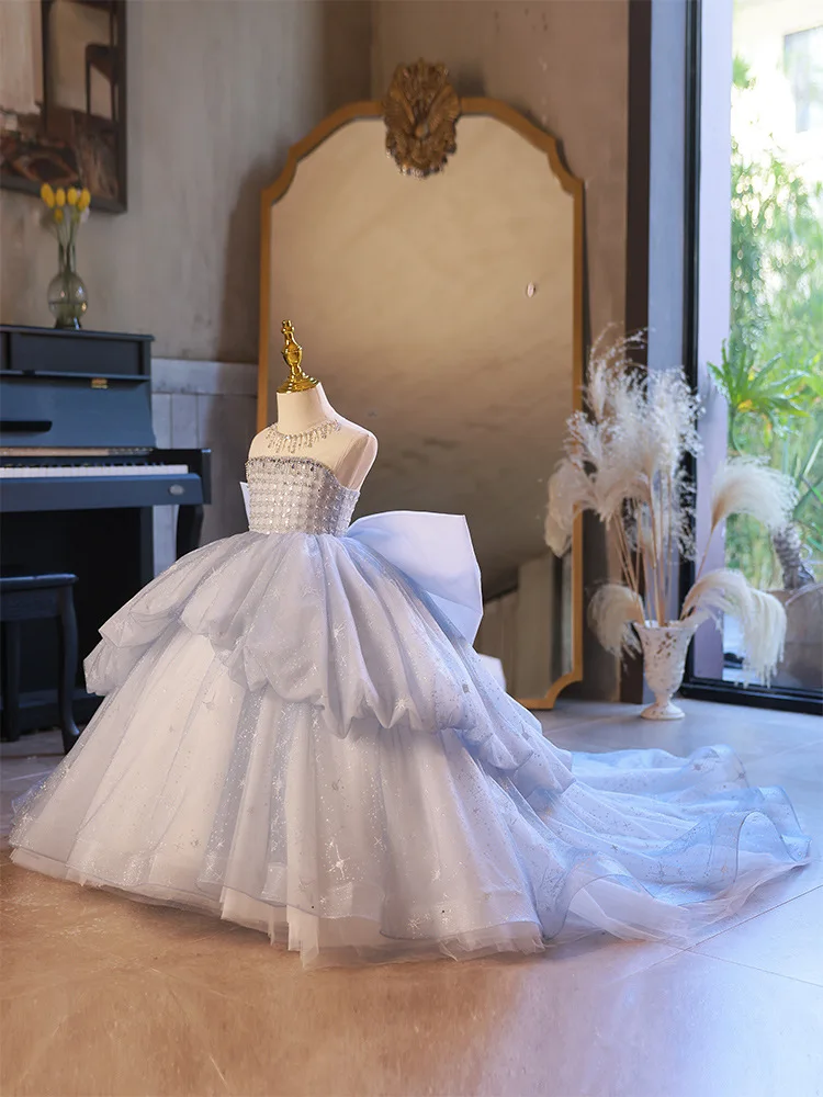 Princess Ball Gowns for Young Girls Kids Girl Sleeveless Beading Big Bowknot Mermaid Dress Infant Luxury Party Costume Vestidos