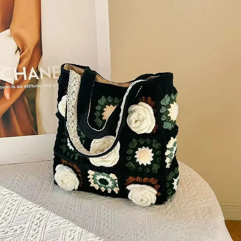 

French Camellia Hand-Woven Shoulder Bag Wool Grandmother Crochet checkered Handbag Hand-made Material DIY Product