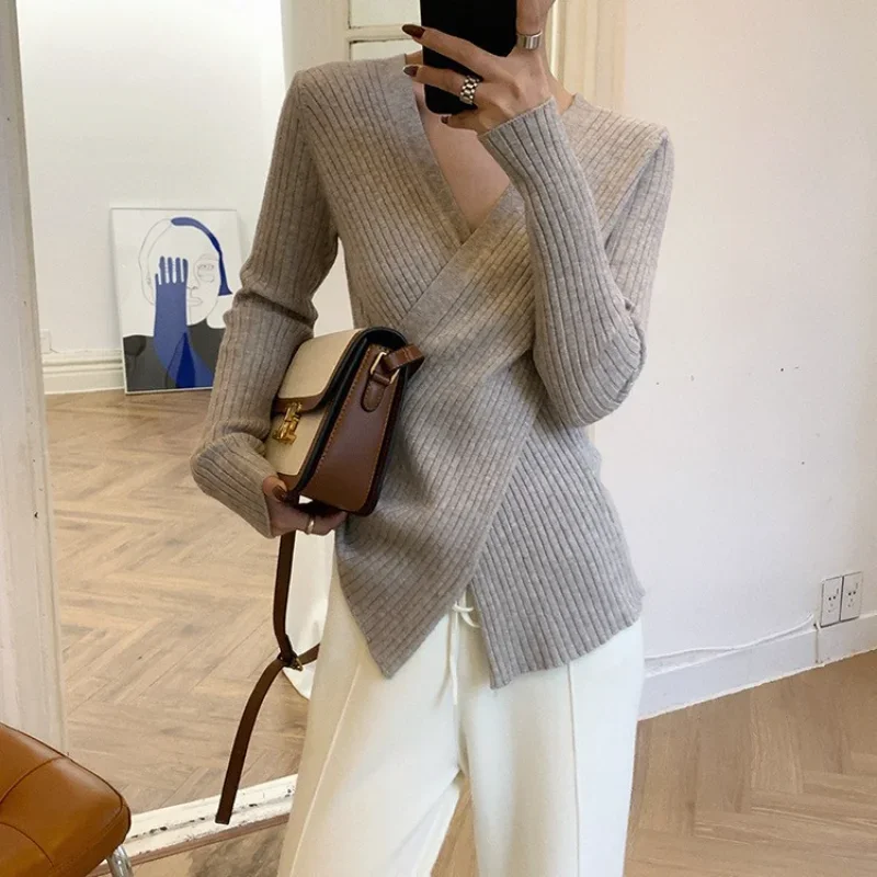 

Crossover V-neck Slim Sweater Knitted Bottoming Shirt Women's Autumn and Winter Long-sleeved Top