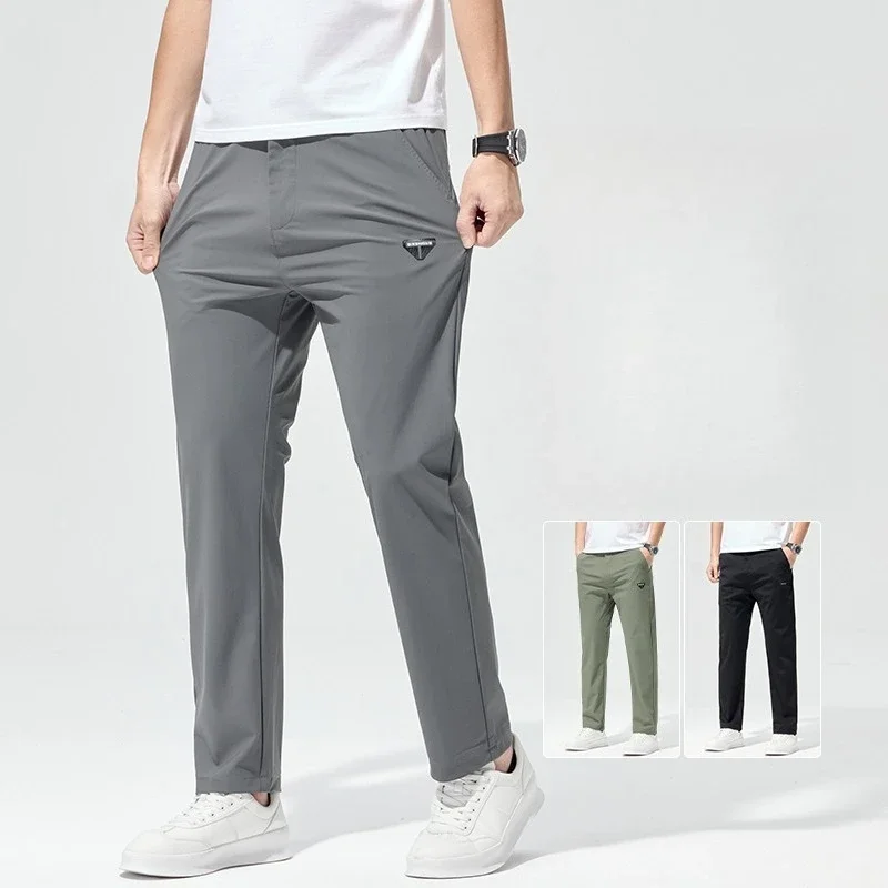 Korean Street Summer Y2K Men's Ice Silk Casual Pants All Match Elastic Sweatpants Office Business Fashion Straight Suit Trousers