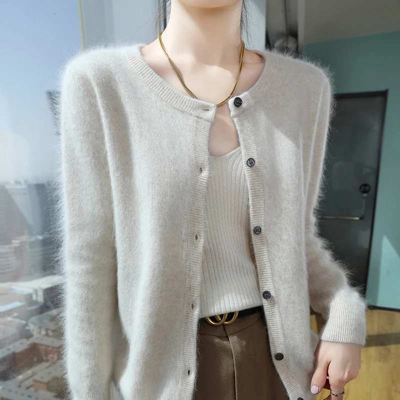 Women\'s Cardigan 100% Mink Cashmere Sweater,O-Neck Long Sleeve Top,Plus-Size Loose,Spring and Autumn Soft Knitted Jacket Female