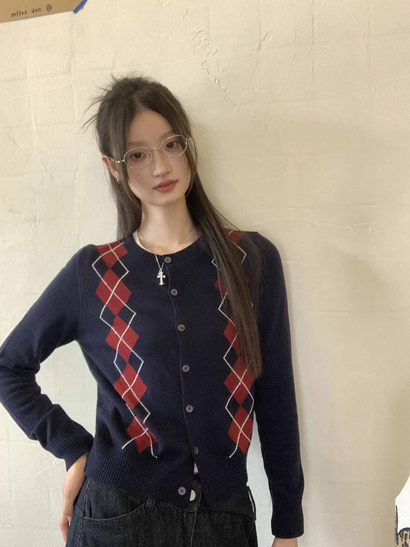 

Red Celebri Knitted Open Cardigan Women's Early Autumn Top Plaid Lazy Sle High-End Sweater Coat Commute Simple Sle