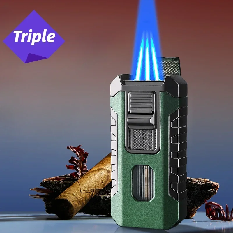 2025 Triple Metal lighter Large Capacity Visible Gas Compartment Lighter Blue Flame Jet Cigar Tool Windproof USB Turbine