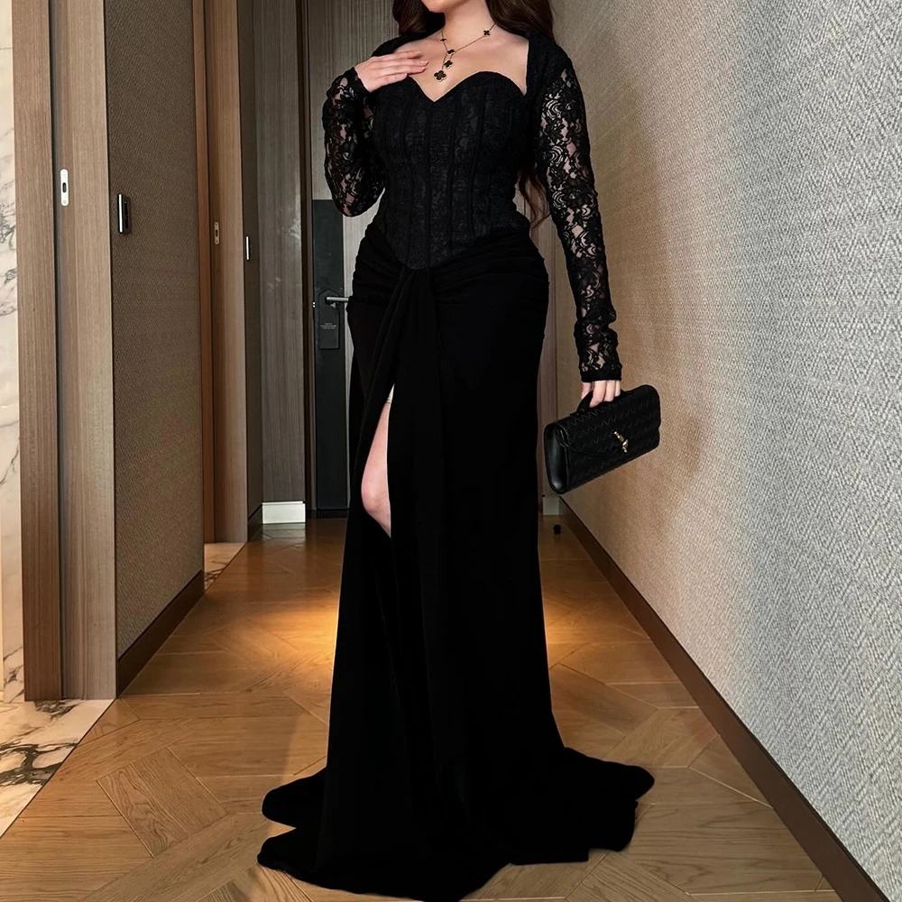 Graceful Lace Pleats Front Slit Sweetheart Long Sleeves Evening Dresses Exquisite Black Jersey Party Gowns vestidos de fiesta