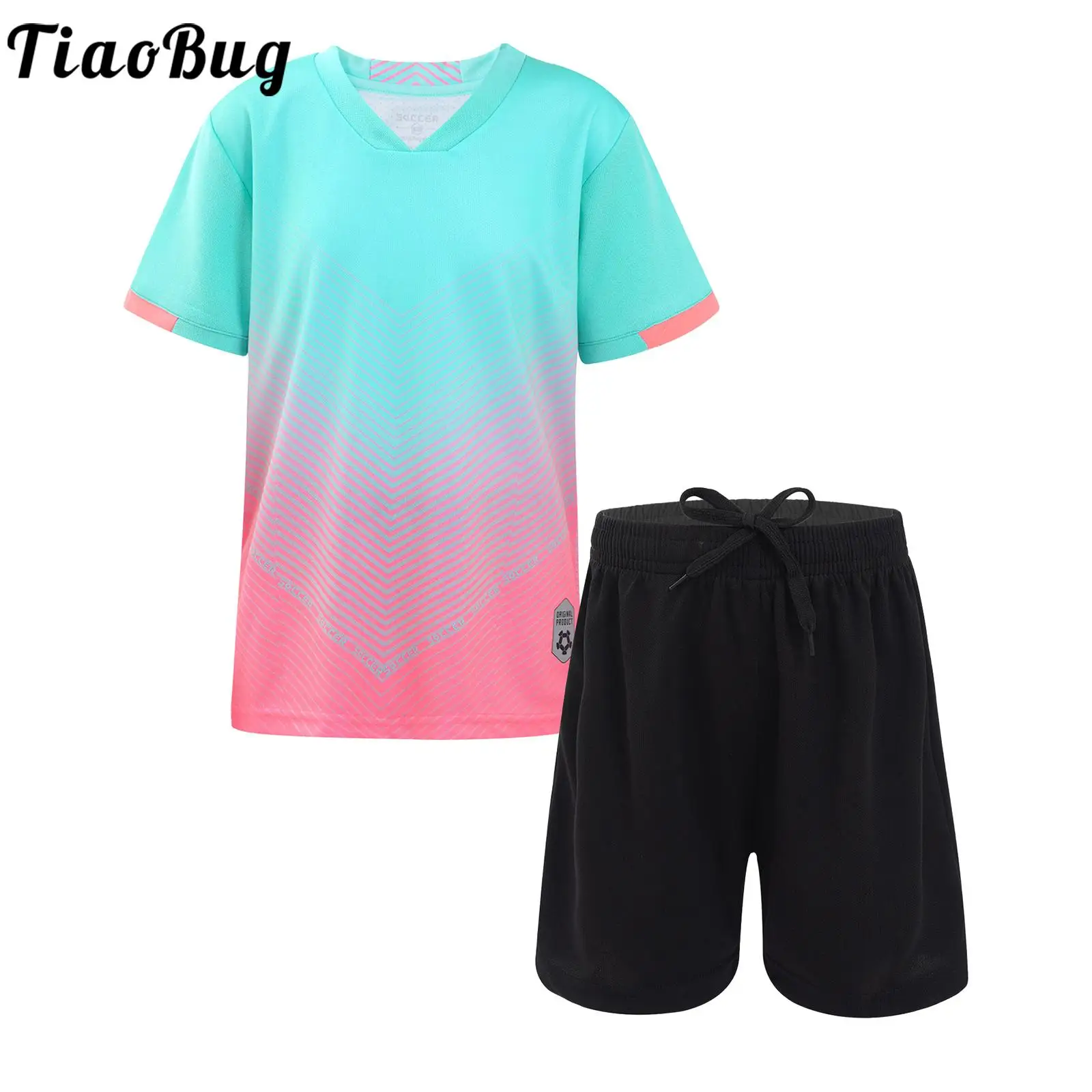 

2PCS 2023 Kids Boys Football Team Uniform Basketball Sport Outfits Gradient Print V Neck Short Sleeve T-Shirt Drawstring Shorts