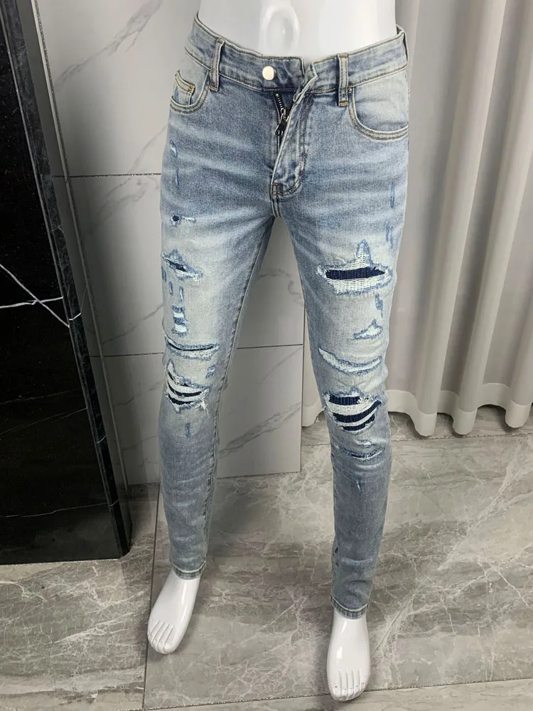 

Men's Slim Fit Jeans mid Waist Long Cotton Stretch Denim Washed out Motorcycle Performance Youth Trendy Blue Jeans