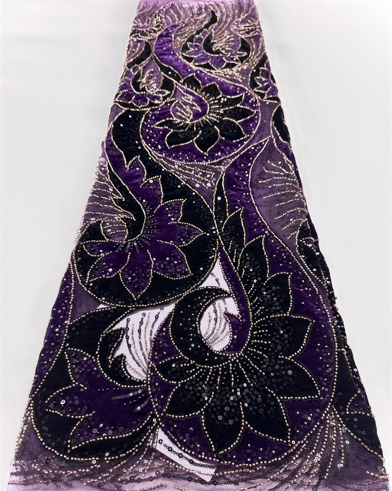 

Luxury French Sequin Velvet Lace Fabric High Quality Nigerian African Beaded for Women's Wedding Party Dresses