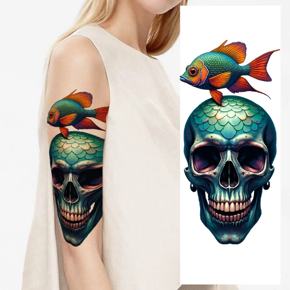 

3pcs Temporary Tattoo Bird Skeleton With Lantern Realistic Temporary Tattoos Skeleton With Staff Fish And Skull For Arms Men