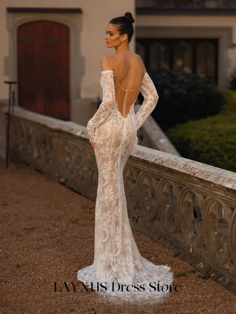 LAYXHS Vestidos de casamento sexy fora do ombro rendas mangas compridas sereia vestidos de noiva personalizados hochzeitspartykleid
